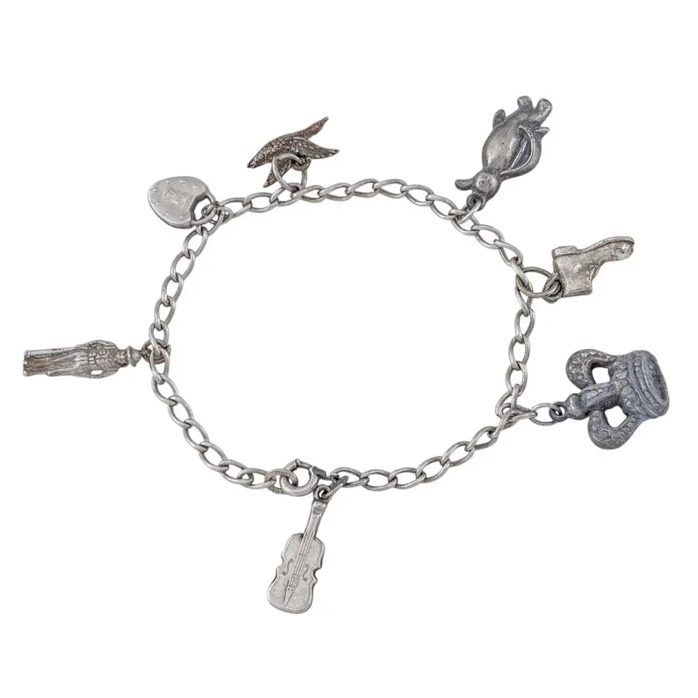 Vintage Sterling Silver 925 Mixed Metal Charm Bracelet 7